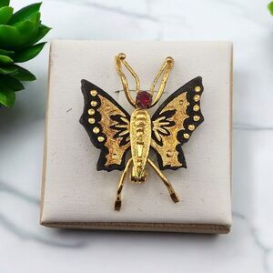 Vintage Circa 1960's Damascene Butterfly C Clasp 1.25" Brooch Pin Black Red Gold